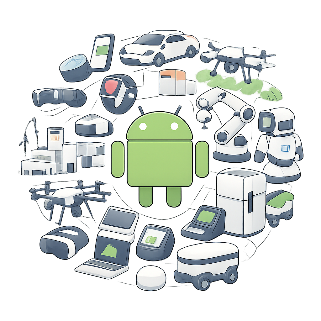 anime A conceptual illustration of diverse Androidpowered devices across industries in forming a globe Clean minimal style soft colors no text transpa-1