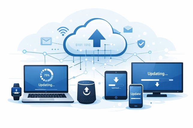 anime connected devices receiving updates over network abstract cloud and device icons clean minimal tech illustration-2