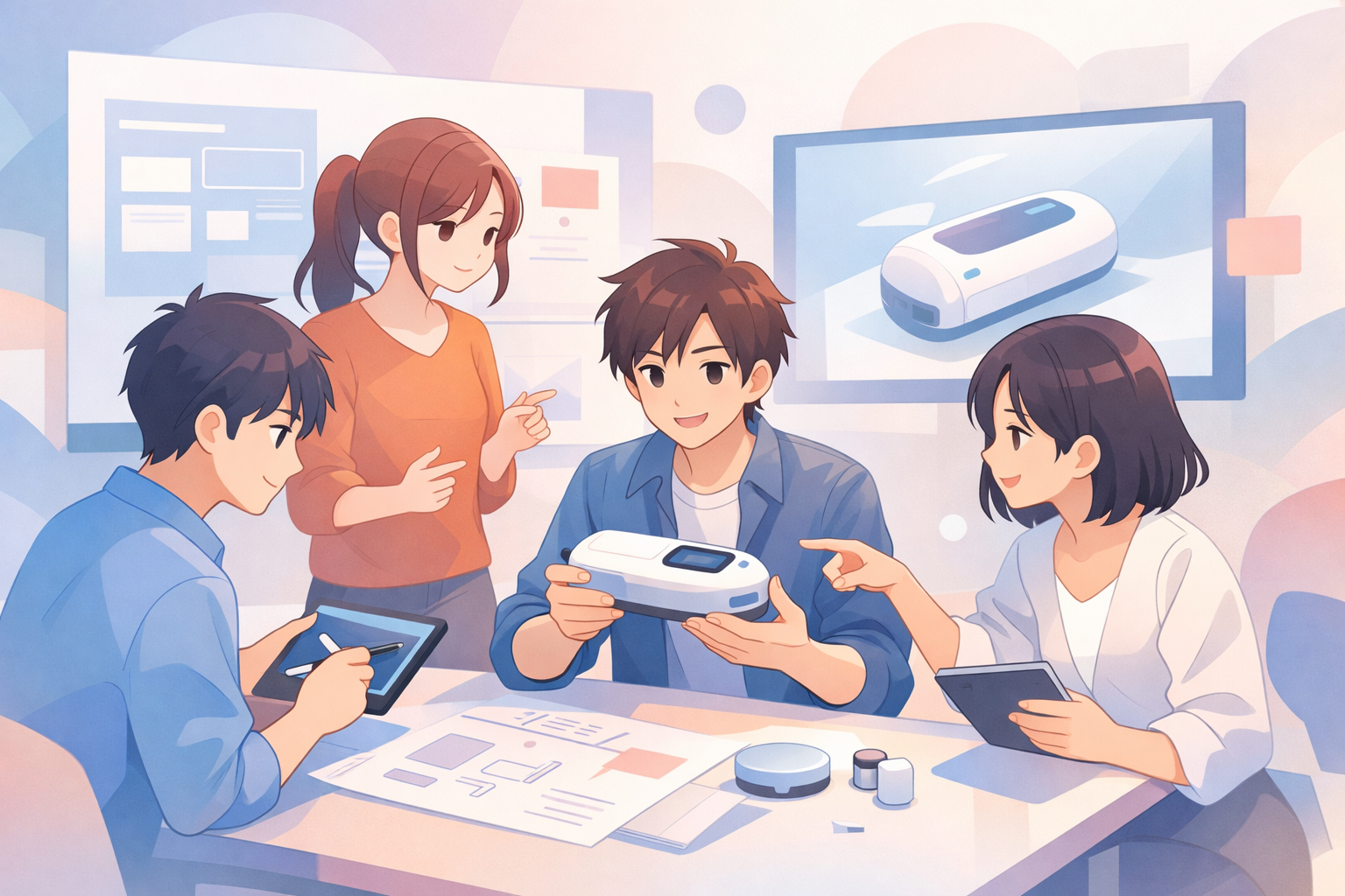 anime product team reviewing prototype device collaborative environment abstract minimal illustration soft gradients-1