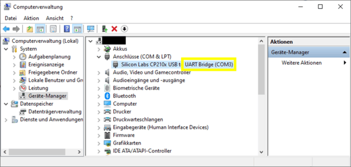 Connect the UART Bridge with your computer and open computer management