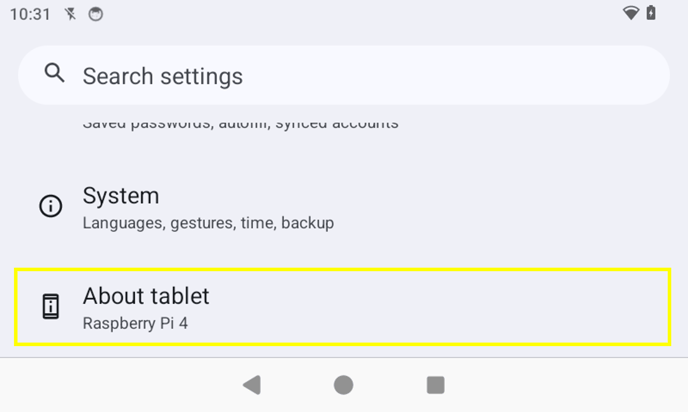 Select About tablet in Android Settings app
